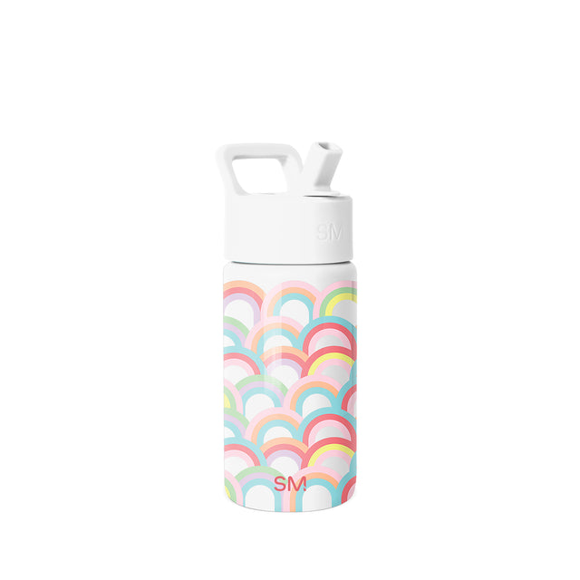 White insulated water bottle with rainbow arch pattern in pastels and bright colors, white cap, carry loop, and angled spout against light gray background. White insulated water bottle with rainbow arch pattern in pastels and bright colors, white cap, carry loop, and angled spout against light gray background.