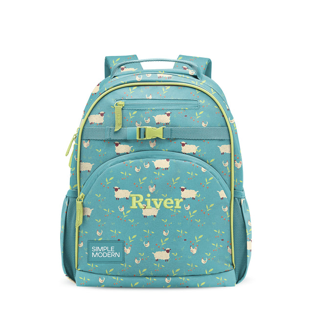 Teal children's backpack with lime-green trim, padded straps, front zipper pocket labeled Teal children's backpack with lime-green trim, padded straps, front zipper pocket labeled