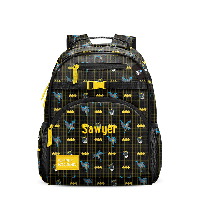 Black children's backpack with yellow and blue accents, front zippered pockets, yellow chest strap buckle, padded shoulder straps, and Black children's backpack with yellow and blue accents, front zippered pockets, yellow chest strap buckle, padded shoulder straps, and