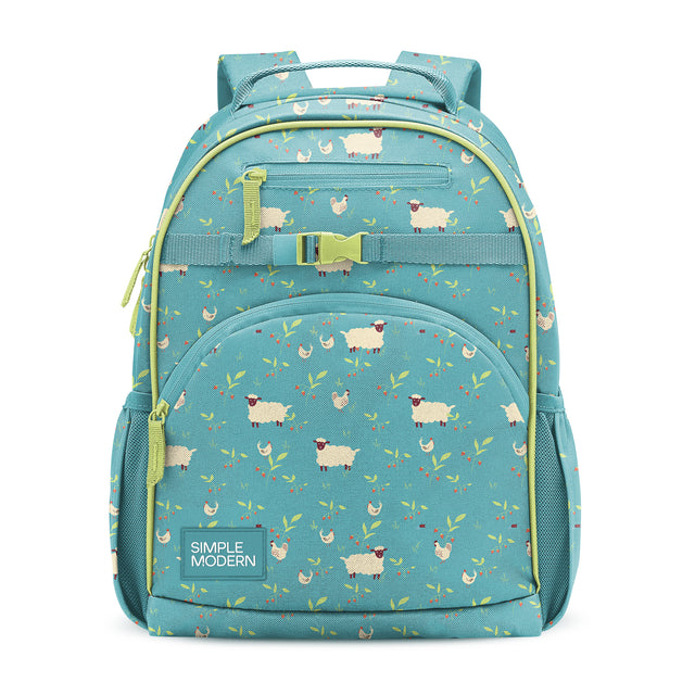 Teal children's backpack with cream sheep, white chickens, and yellow-green leaf pattern. Features padded shoulder straps, front zippered pockets, mesh side pockets, and lime-green accents. Simple Modern brand. Teal children's backpack with cream sheep, white chickens, and yellow-green leaf pattern. Features padded shoulder straps, front zippered pockets, mesh side pockets, and lime-green accents. Simple Modern brand.