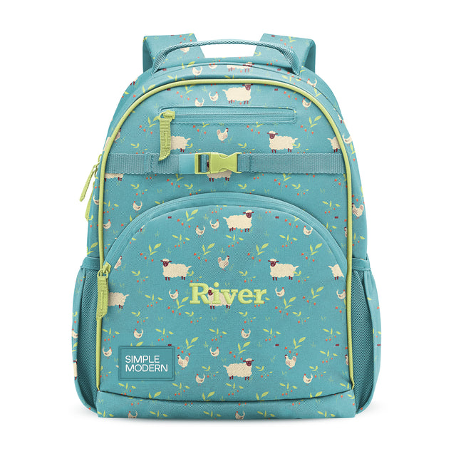 Teal and lime green children's backpack with sheep and leaf pattern, front zippered pockets, mesh side pockets, padded straps, and Teal and lime green children's backpack with sheep and leaf pattern, front zippered pockets, mesh side pockets, padded straps, and