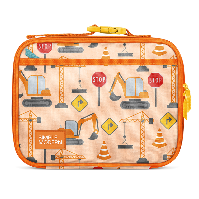 Orange insulated lunch bag with cream interior, yellow handle and zipper pulls, featuring construction-themed pattern with gray, blue, and red accents. SIMPLE MODERN branding on front. Orange insulated lunch bag with cream interior, yellow handle and zipper pulls, featuring construction-themed pattern with gray, blue, and red accents. SIMPLE MODERN branding on front.
