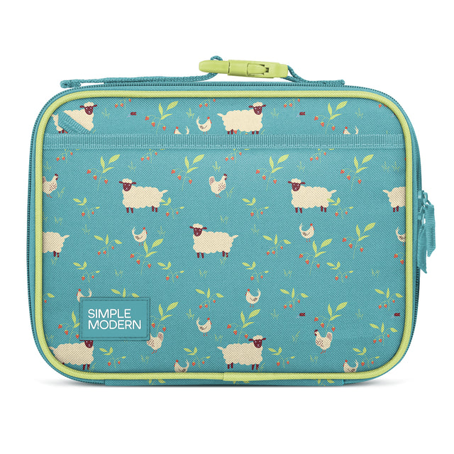 Teal and lime green insulated lunch box with farmyard animal print featuring sheep, chickens, leaves, and berries. Double-wall construction, side mesh pocket, flip-lock closure, carrying handle. Simple Modern branding. Teal and lime green insulated lunch box with farmyard animal print featuring sheep, chickens, leaves, and berries. Double-wall construction, side mesh pocket, flip-lock closure, carrying handle. Simple Modern branding.