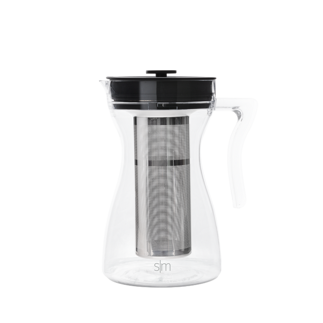 SM Cold Brew Coffee Maker with transparent glass carafe, white body, and black lid mechanism SM Cold Brew Coffee Maker with transparent glass carafe, white body, and black lid mechanism