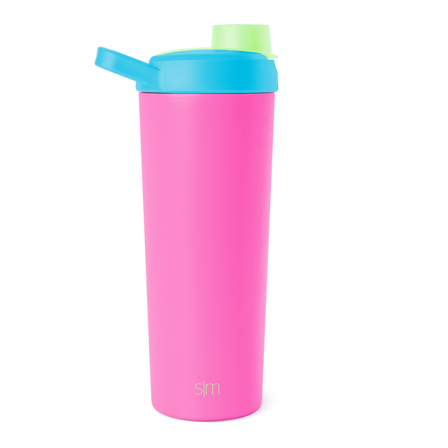 Hot pink water bottle with bright turquoise blue lid and lime green spout cap Hot pink water bottle with bright turquoise blue lid and lime green spout cap