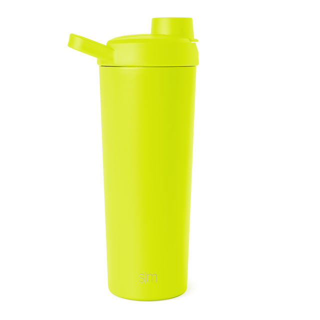 Neon yellow-green insulated water bottle with cylindrical body, tapered base, and secure top cap Neon yellow-green insulated water bottle with cylindrical body, tapered base, and secure top cap