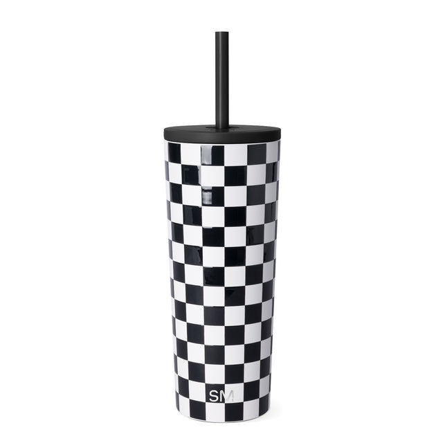 Black and white checkerboard tumbler with black lid and straw, Simple Modern logo visible, minimalist product photography on white background. Black and white checkerboard tumbler with black lid and straw, Simple Modern logo visible, minimalist product photography on white background.