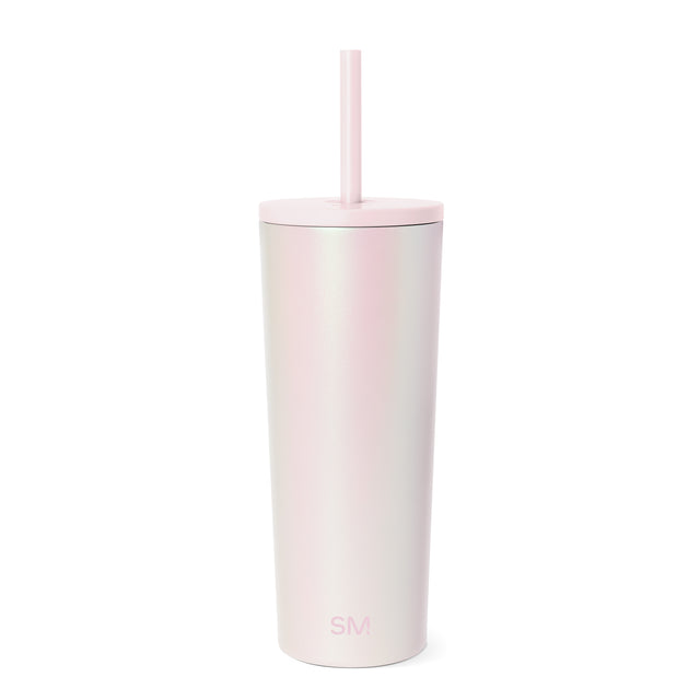 Pale pink 24-ounce insulated tumbler with cream gradient, matching lid and straw, Simple Modern logo, against white background. Pale pink 24-ounce insulated tumbler with cream gradient, matching lid and straw, Simple Modern logo, against white background.