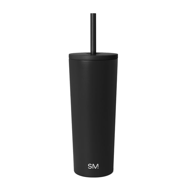 Black matte tumbler with fitted lid and integrated straw featuring Simple Modern logo, isolated on white background. Black matte tumbler with fitted lid and integrated straw featuring Simple Modern logo, isolated on white background.