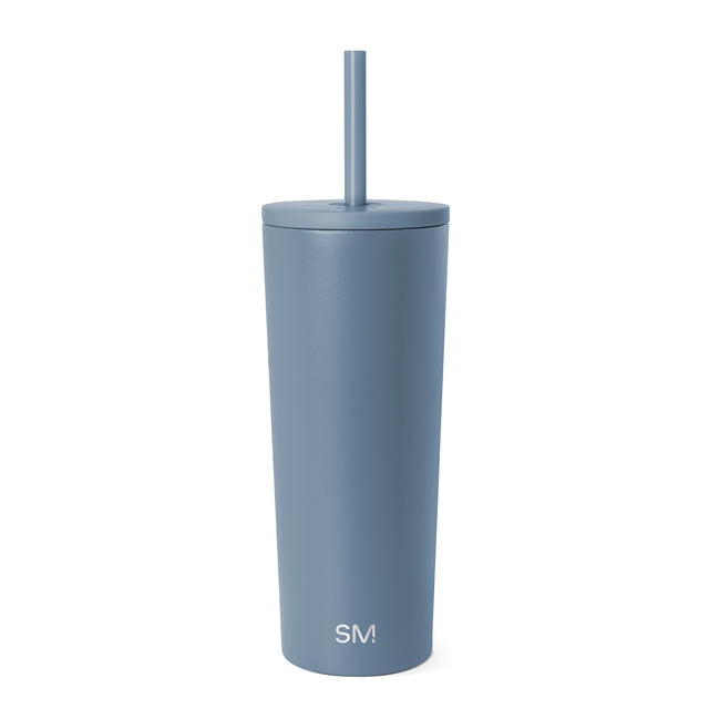 Slate blue-gray tall tumbler with fitted lid and matching straw, featuring SM logo in white on lower front, against neutral white background. Slate blue-gray tall tumbler with fitted lid and matching straw, featuring SM logo in white on lower front, against neutral white background.