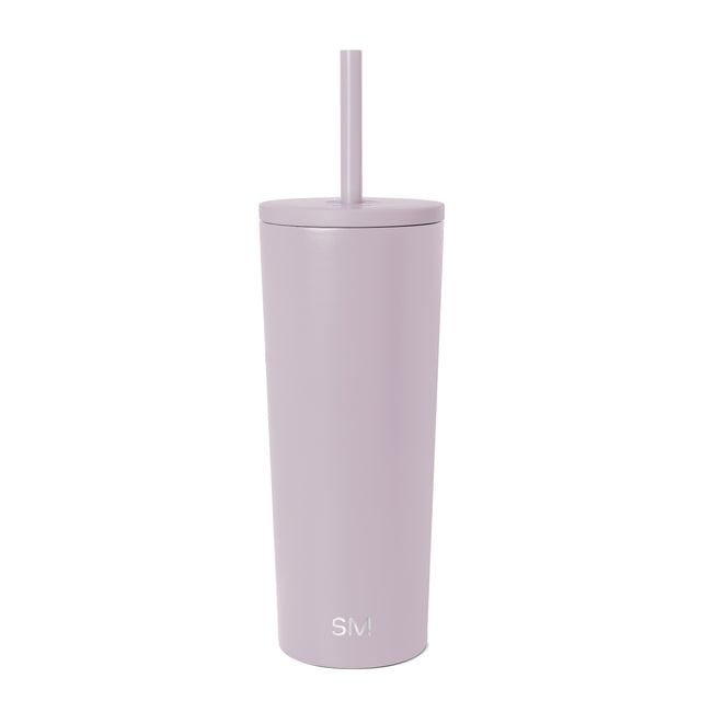 Mauve-pink cylindrical tumbler with matching lid and straw against neutral background. Simple Modern branding visible. Modern, streamlined design with clean lines. Mauve-pink cylindrical tumbler with matching lid and straw against neutral background. Simple Modern branding visible. Modern, streamlined design with clean lines.
