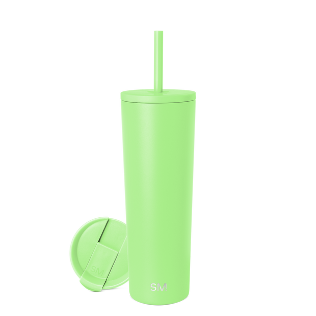 Lime green tumbler with matching lid on white background Lime green tumbler with matching lid on white background
