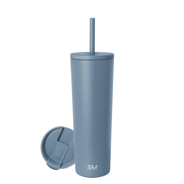 Slate blue tumbler with matching lid on white background, showing muted cool-toned color palette with dusty blue-gray finish in soft, sophisticated style. Slate blue tumbler with matching lid on white background, showing muted cool-toned color palette with dusty blue-gray finish in soft, sophisticated style.