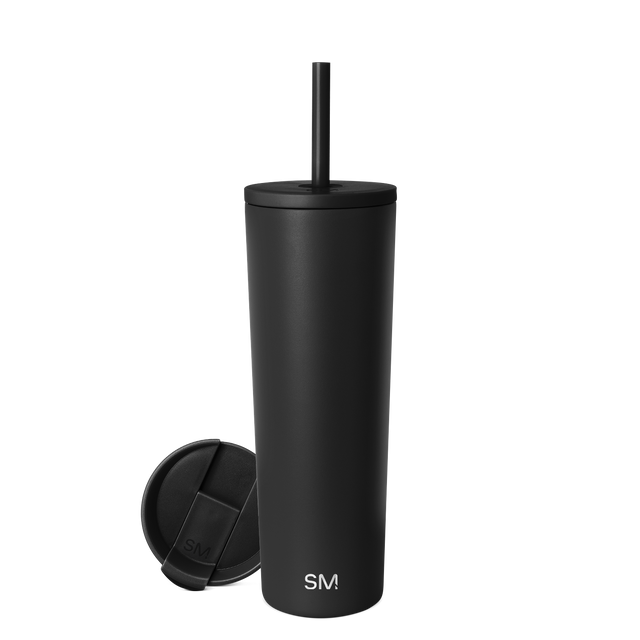 Matte black tumbler with matching black straw and lid, shown against a grayscale background. Matte black tumbler with matching black straw and lid, shown against a grayscale background.