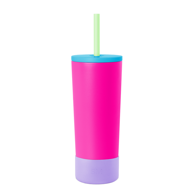 Tall cylindrical tumbler with straw featuring bold horizontal color bands in hot pink, set against white background Tall cylindrical tumbler with straw featuring bold horizontal color bands in hot pink, set against white background