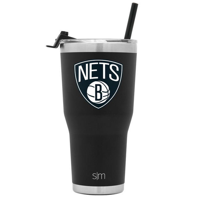 Black stainless steel tumbler with brushed metallic rim and base, featuring a white Brooklyn Nets logo Black stainless steel tumbler with brushed metallic rim and base, featuring a white Brooklyn Nets logo