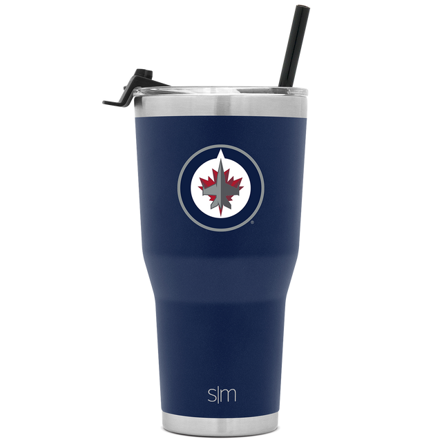 Deep navy blue tumbler with brushed stainless steel silver gray bands on top and bottom edges Deep navy blue tumbler with brushed stainless steel silver gray bands on top and bottom edges