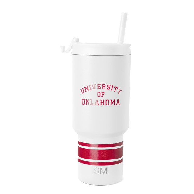 White insulated tumbler with crimson red horizontal stripes on lower section and metallic silver accents White insulated tumbler with crimson red horizontal stripes on lower section and metallic silver accents