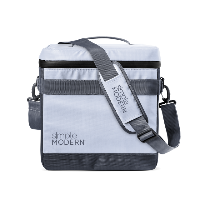 Light periwinkle blue cooler with horizontal charcoal gray and white stripes on main body Light periwinkle blue cooler with horizontal charcoal gray and white stripes on main body