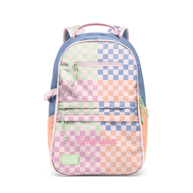 Pastel gradient children's backpack with checkerboard pattern featuring pink, mint green, and periwinkle colors. Features padded shoulder straps, front zippered compartments, and Pastel gradient children's backpack with checkerboard pattern featuring pink, mint green, and periwinkle colors. Features padded shoulder straps, front zippered compartments, and