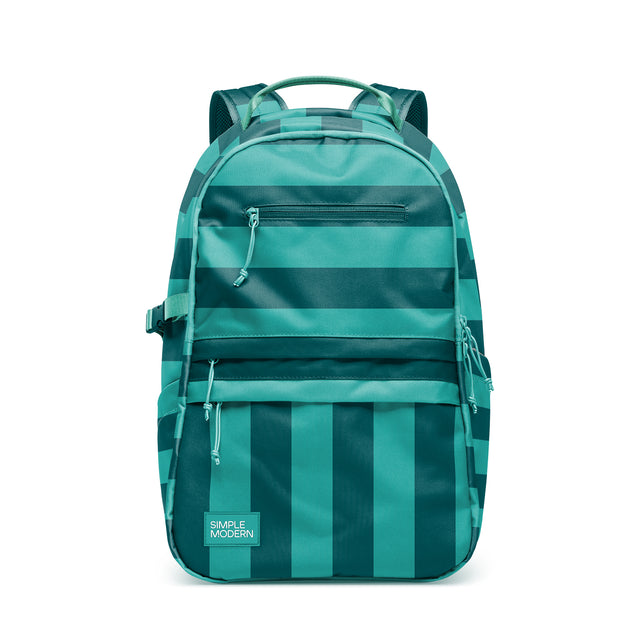 Teal and forest green striped backpack with padded shoulder straps, multiple zippered pockets, and side compression straps. Simple Modern brand label visible on front. Studio product photo on white background. Teal and forest green striped backpack with padded shoulder straps, multiple zippered pockets, and side compression straps. Simple Modern brand label visible on front. Studio product photo on white background.