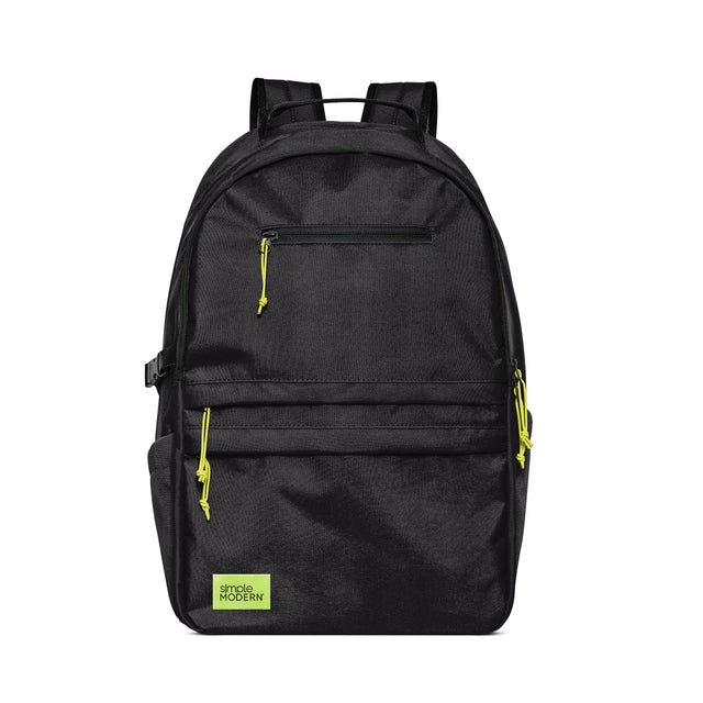 Black charcoal backpack with neon yellow-green zipper pulls and cord details on the sides Black charcoal backpack with neon yellow-green zipper pulls and cord details on the sides