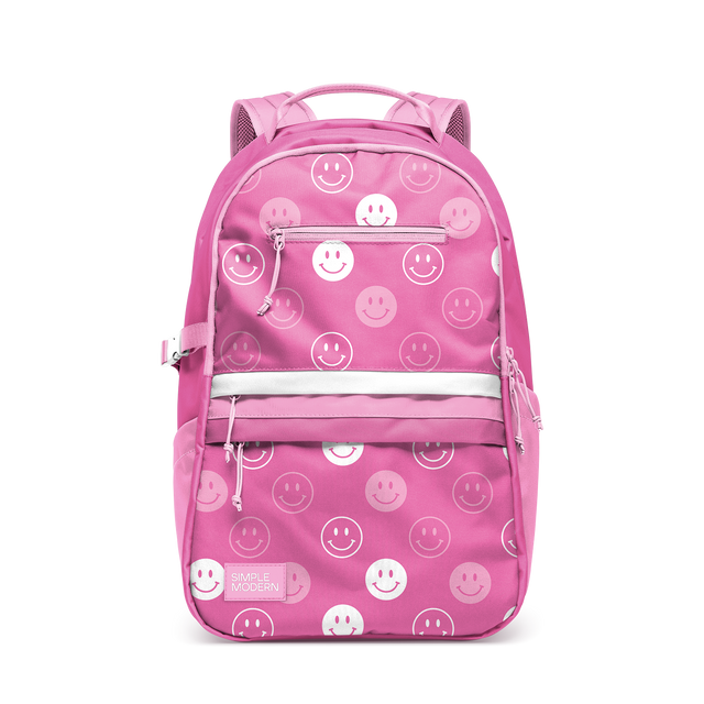 Hot pink backpack with white and light pink accents, padded shoulder straps, and mesh side panels for ventilation Hot pink backpack with white and light pink accents, padded shoulder straps, and mesh side panels for ventilation