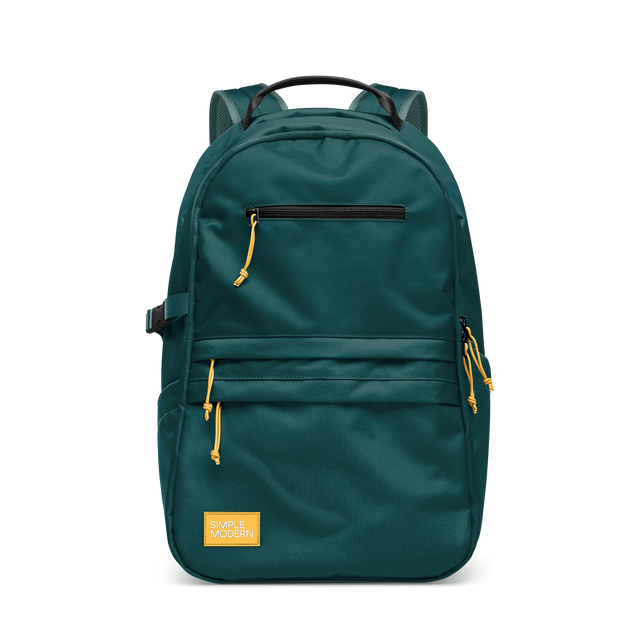 Teal backpack with golden yellow zipper pulls and drawstring cords Teal backpack with golden yellow zipper pulls and drawstring cords