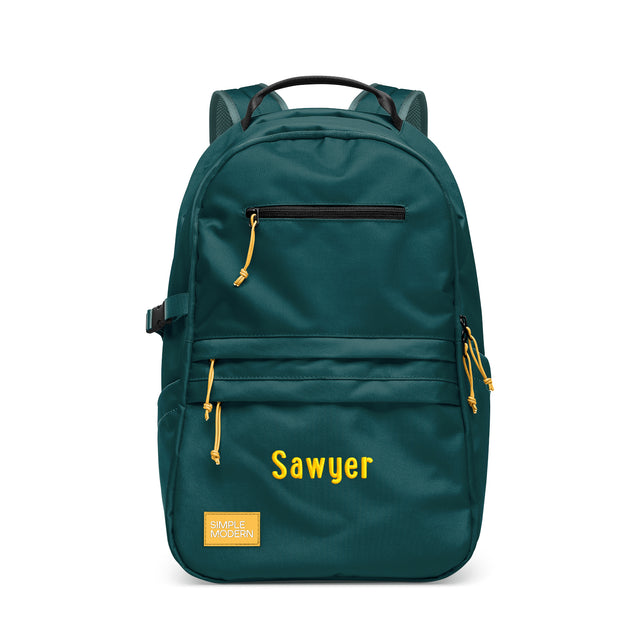 Teal and golden yellow Sawyer backpack by Simple Modern against white background, featuring padded straps, front zippered pocket, dual drawstring compartments, and side pockets. Teal and golden yellow Sawyer backpack by Simple Modern against white background, featuring padded straps, front zippered pocket, dual drawstring compartments, and side pockets.
