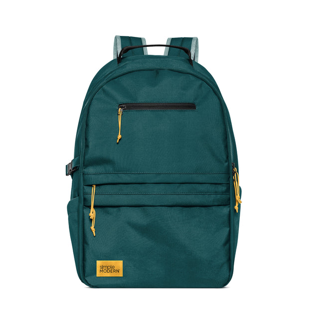 Teal green backpack with black straps and gold-toned zippers and hardware details Teal green backpack with black straps and gold-toned zippers and hardware details