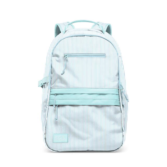 Light blue and white striped backpack with vertical pattern and solid light blue accents, size medium Light blue and white striped backpack with vertical pattern and solid light blue accents, size medium