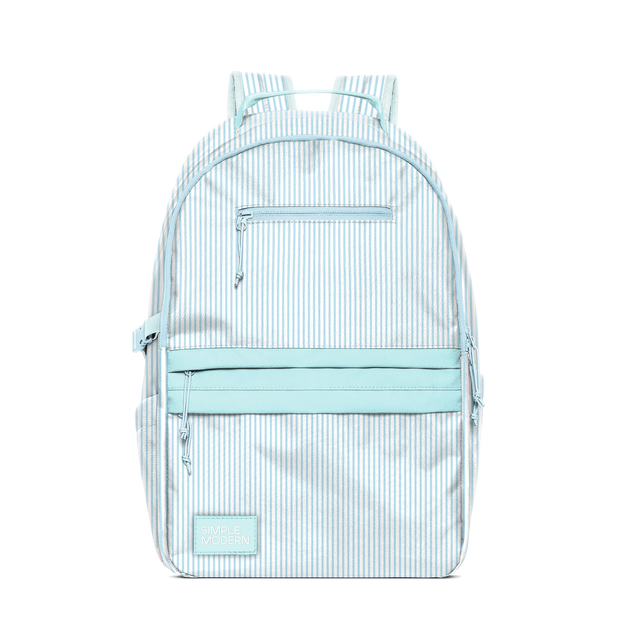Pale blue and white striped backpack with vertical pinstripes and solid complementary accents, featuring a clean, airy design. Pale blue and white striped backpack with vertical pinstripes and solid complementary accents, featuring a clean, airy design.