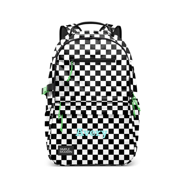 Black and white checkerboard backpack with neon green zipper pulls and handles, padded shoulder straps, turquoise Black and white checkerboard backpack with neon green zipper pulls and handles, padded shoulder straps, turquoise