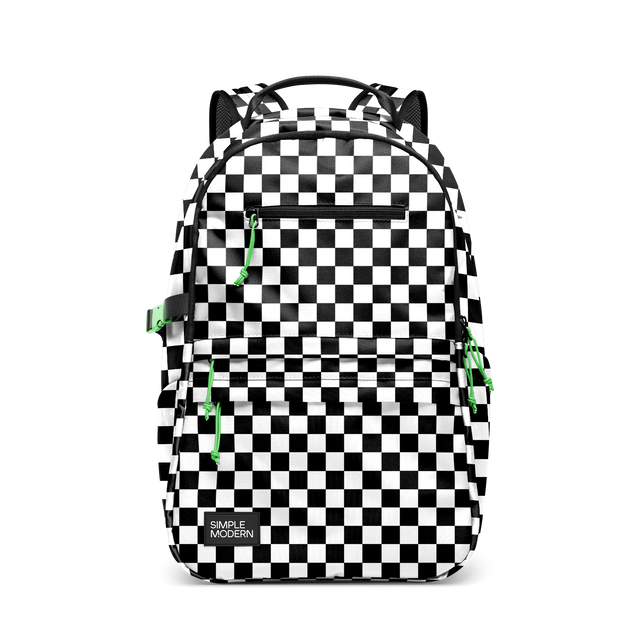 Black and white checkered backpack with alternating squares distributed evenly across the entire fabric surface. Black and white checkered backpack with alternating squares distributed evenly across the entire fabric surface.