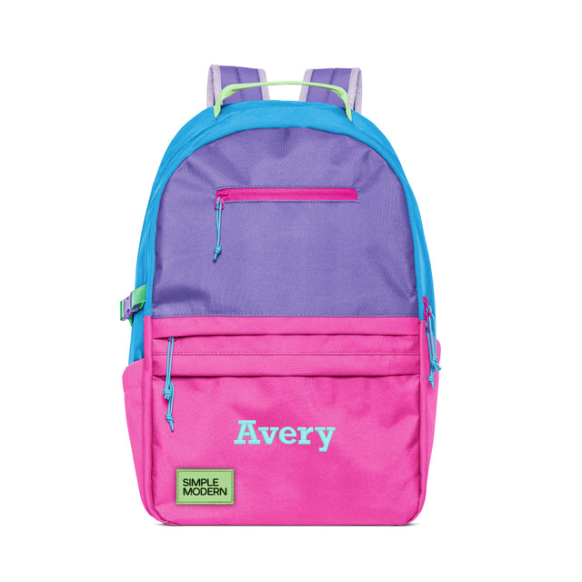 Colorful children's backpack with fuchsia pink, purple, and turquoise color blocks, personalized with Colorful children's backpack with fuchsia pink, purple, and turquoise color blocks, personalized with