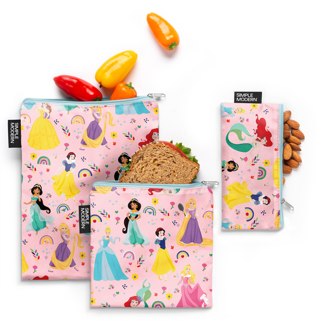 Three pouches with soft pink backgrounds and vibrant teal, yellow, purple, red, orange, and green accents displayed side by side. Three pouches with soft pink backgrounds and vibrant teal, yellow, purple, red, orange, and green accents displayed side by side.