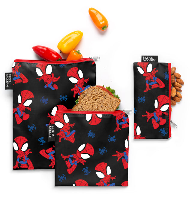 Spider-Man food storage bags with jet black background and red, yellow accent colors featuring Marvel character design Spider-Man food storage bags with jet black background and red, yellow accent colors featuring Marvel character design