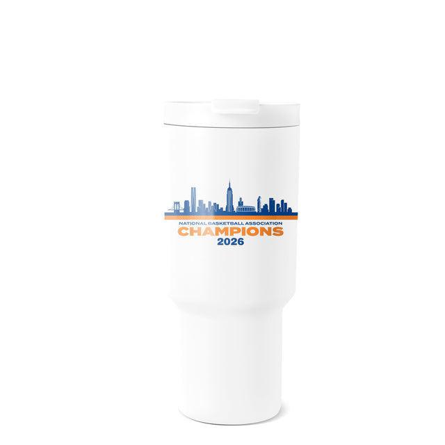White insulated tumbler with NYC skyline graphic featuring Empire State Building, Chrysler Building, and White insulated tumbler with NYC skyline graphic featuring Empire State Building, Chrysler Building, and