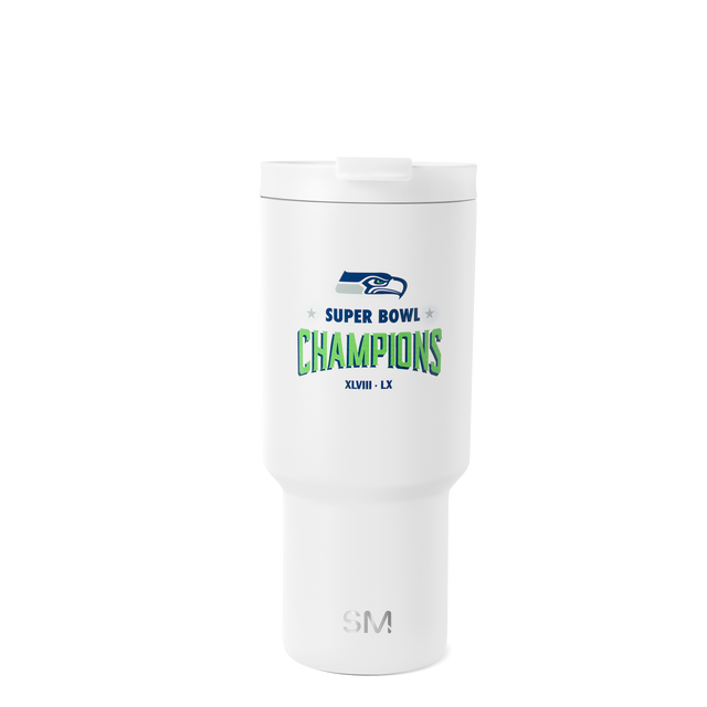 White insulated tumbler with navy blue and forest green accent design, gray SM logo, front view on white background White insulated tumbler with navy blue and forest green accent design, gray SM logo, front view on white background