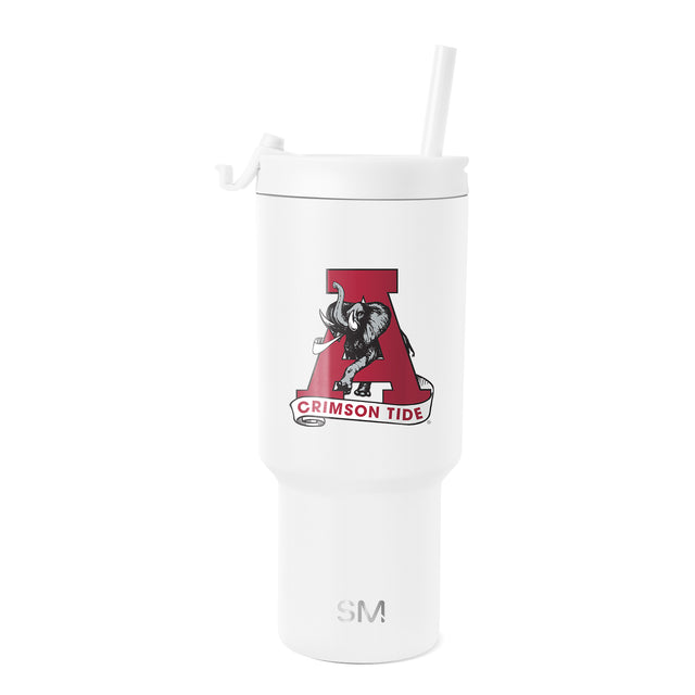 White insulated tumbler with Alabama Crimson Tide crimson red elephant logo featuring black line work and gray accents White insulated tumbler with Alabama Crimson Tide crimson red elephant logo featuring black line work and gray accents