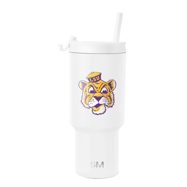 White insulated tumbler with lid and angled white straw on neutral background White insulated tumbler with lid and angled white straw on neutral background