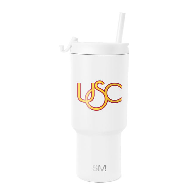 White tumbler with bold yellow and red graphic design accent White tumbler with bold yellow and red graphic design accent