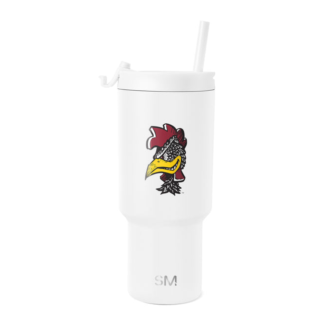 White insulated tumbler with lid and matching straw on white background White insulated tumbler with lid and matching straw on white background