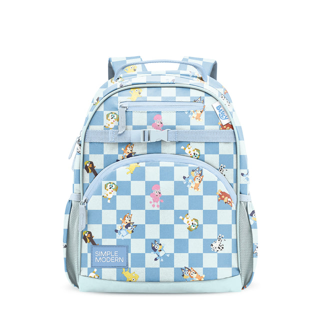 Light blue and white gingham children's backpack with Bluey character design, featuring padded straps, multiple compartments, mesh pockets, and embroidered cartoon dog characters on front and sides. Light blue and white gingham children's backpack with Bluey character design, featuring padded straps, multiple compartments, mesh pockets, and embroidered cartoon dog characters on front and sides.