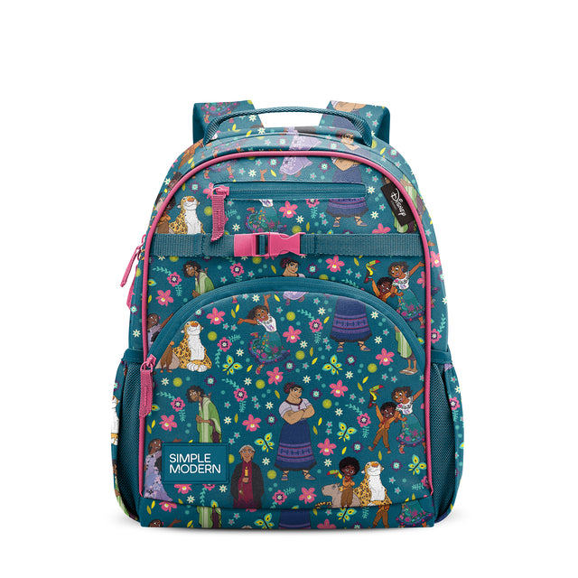 Teal Simple Modern children's backpack with colorful all-over print featuring illustrated diverse children, animals, flowers, and snowflakes. Hot pink accents on handles and straps. Multiple pockets and chest strap. Studio Teal Simple Modern children's backpack with colorful all-over print featuring illustrated diverse children, animals, flowers, and snowflakes. Hot pink accents on handles and straps. Multiple pockets and chest strap. Studio