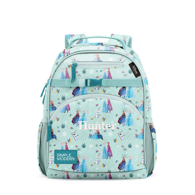 Mint green children's backpack with teal straps, multiple zippered pockets, and colorful Frozen-inspired pattern. Features Mint green children's backpack with teal straps, multiple zippered pockets, and colorful Frozen-inspired pattern. Features
