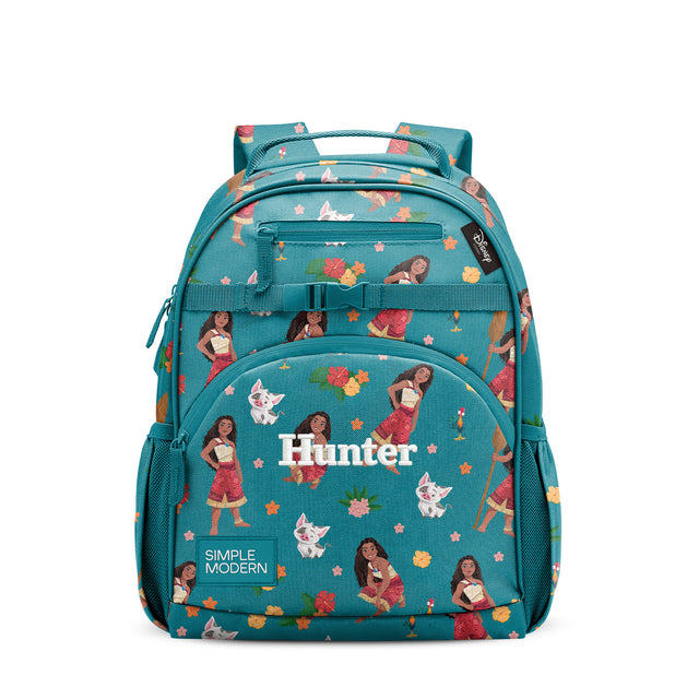 Teal Simple Modern backpack with Moana-inspired pattern featuring character illustrations, colorful flowers, and foliage. Multiple compartments, padded straps, and Teal Simple Modern backpack with Moana-inspired pattern featuring character illustrations, colorful flowers, and foliage. Multiple compartments, padded straps, and