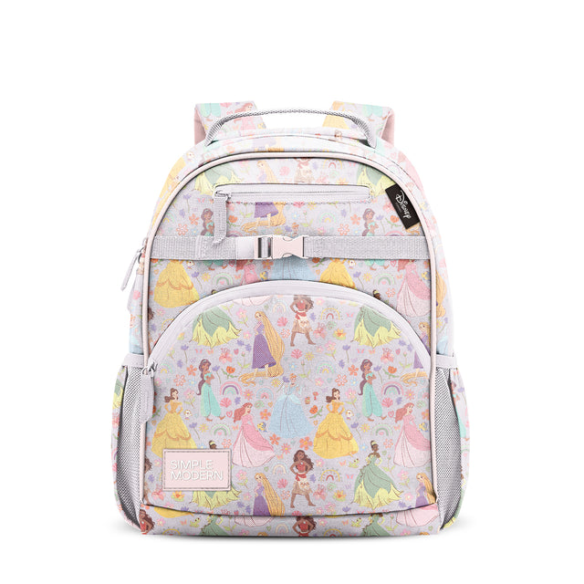 Simple Modern children's backpack with pastel colors (lavender, pink, yellow, mint green, blue) featuring Disney princess character print, gray mesh pockets, padded straps, and chest buckle on white background. Simple Modern children's backpack with pastel colors (lavender, pink, yellow, mint green, blue) featuring Disney princess character print, gray mesh pockets, padded straps, and chest buckle on white background.