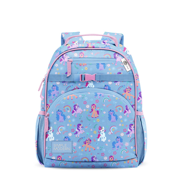 Simple Modern My Little Pony backpack in periwinkle blue with colorful pony, rainbow, and flower print, featuring pink and blue padded straps, front zippered pockets, mesh side panels, and adjustable chest buckle. Simple Modern My Little Pony backpack in periwinkle blue with colorful pony, rainbow, and flower print, featuring pink and blue padded straps, front zippered pockets, mesh side panels, and adjustable chest buckle.