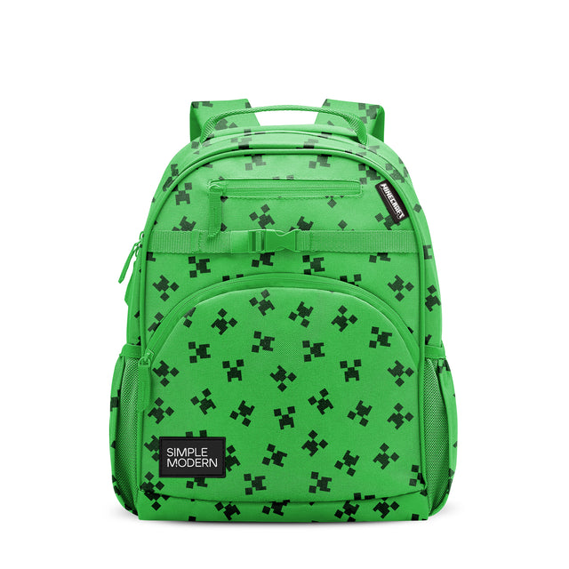 Bright lime green children's backpack with black pixelated pattern, dual padded straps, multiple zippered compartments, side mesh pockets, and Bright lime green children's backpack with black pixelated pattern, dual padded straps, multiple zippered compartments, side mesh pockets, and
